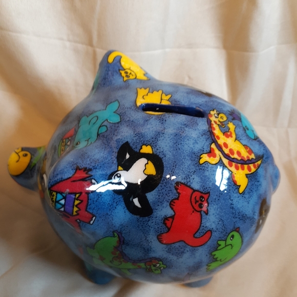 Ceramic Blue Piggy Bank with different animals - Picture 2 of 3